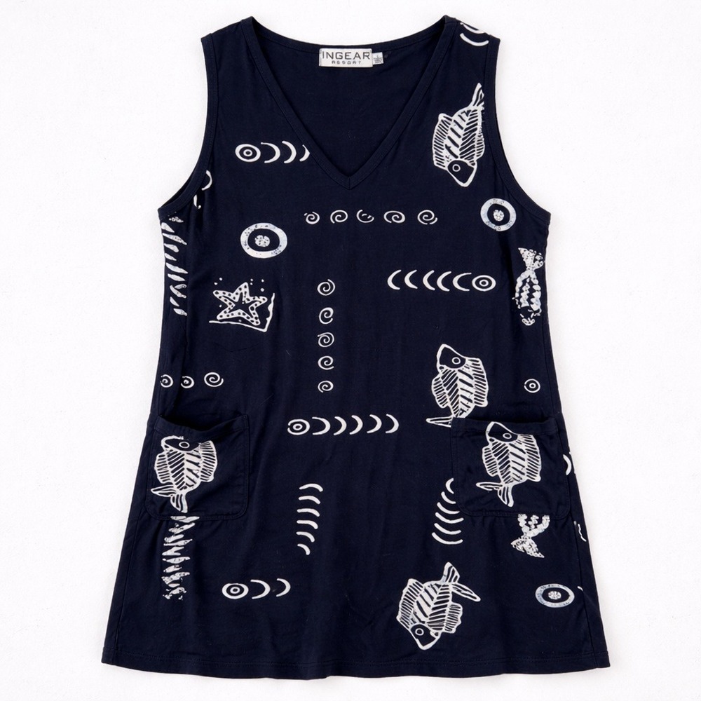 Ingear Resort Navy‎ Dress Cotton Fish Skeleton Beachy Summer Coastal L Nautical